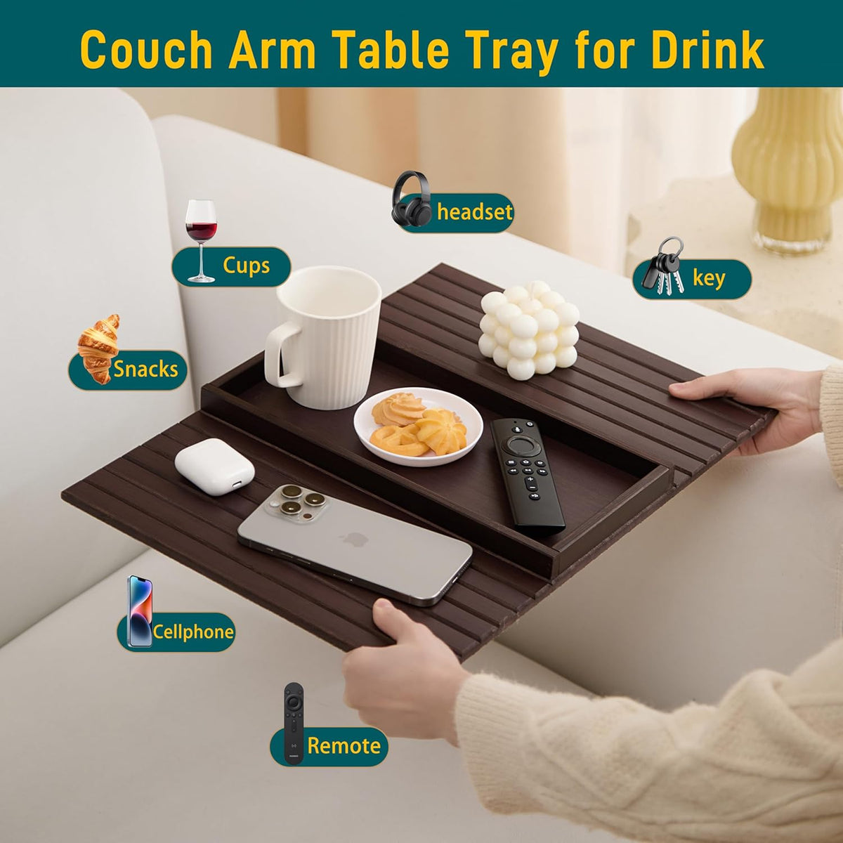 Bamboo Couch Arm Tray Table,Foldable Sofa Armrest Tray Table for Couch,Flexib...