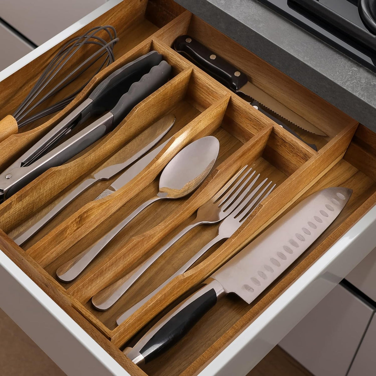 Expandable Acacia Kitchen Drawer Organizer for Cutlery and Utensils, Adjustab...