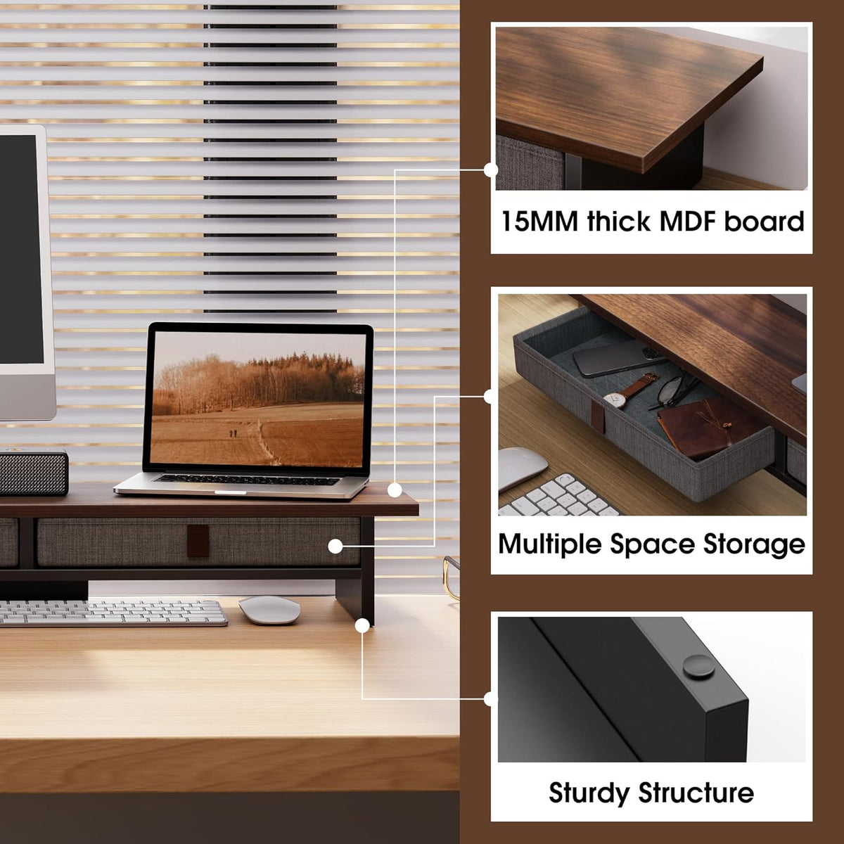 Fenge 35 Inch Monitor Stand with Drawer Storage, Computer Riser for Desk