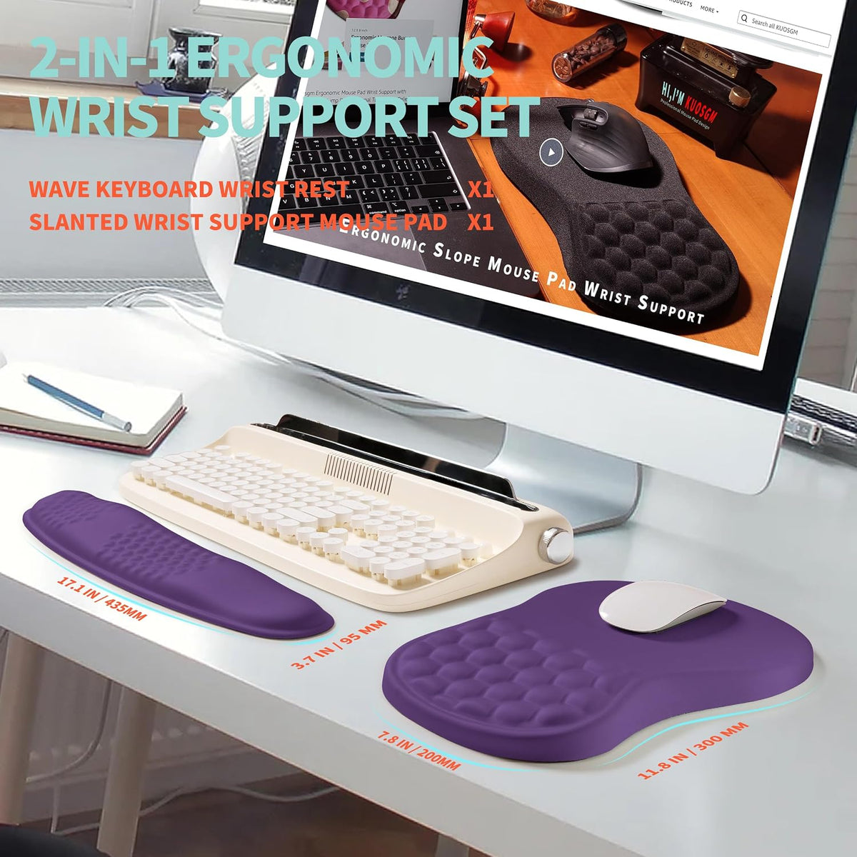 2-in-1 Ergonomic Set, Wave Rise Keyboard Wrist Rest and Massage Bulge Slope M...