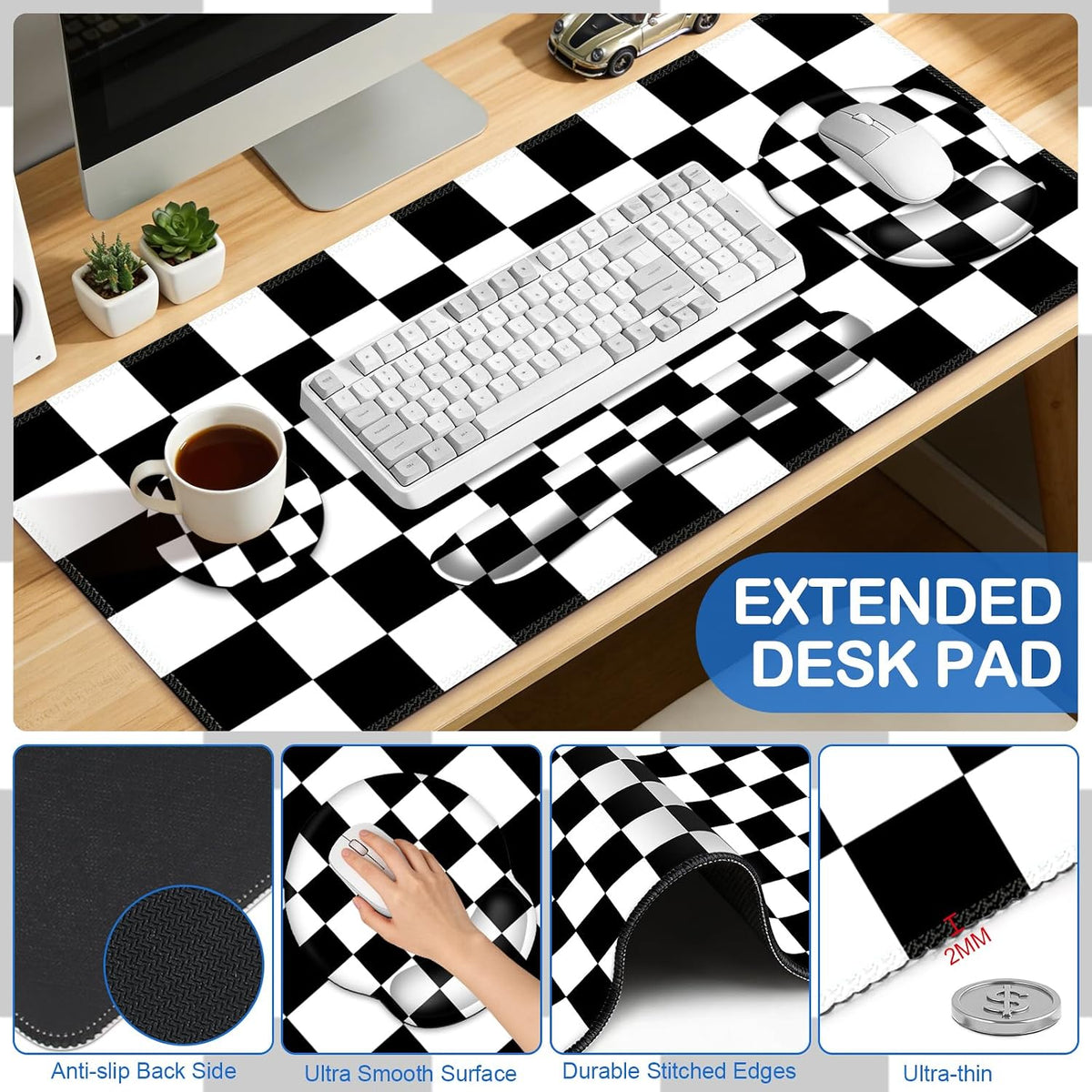 AIMSA Checkered Keyboard Mouse Pad Wrist Rest Set, Black XXL Large Mouse Pad ...