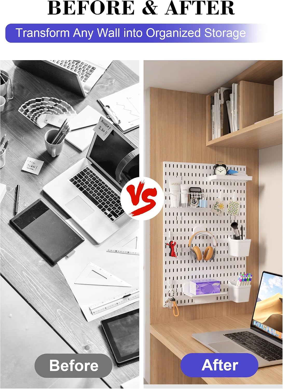 Pegboard Wall Organizer Set – 4 Peg Boards with Hooks & Shelves – Office,...