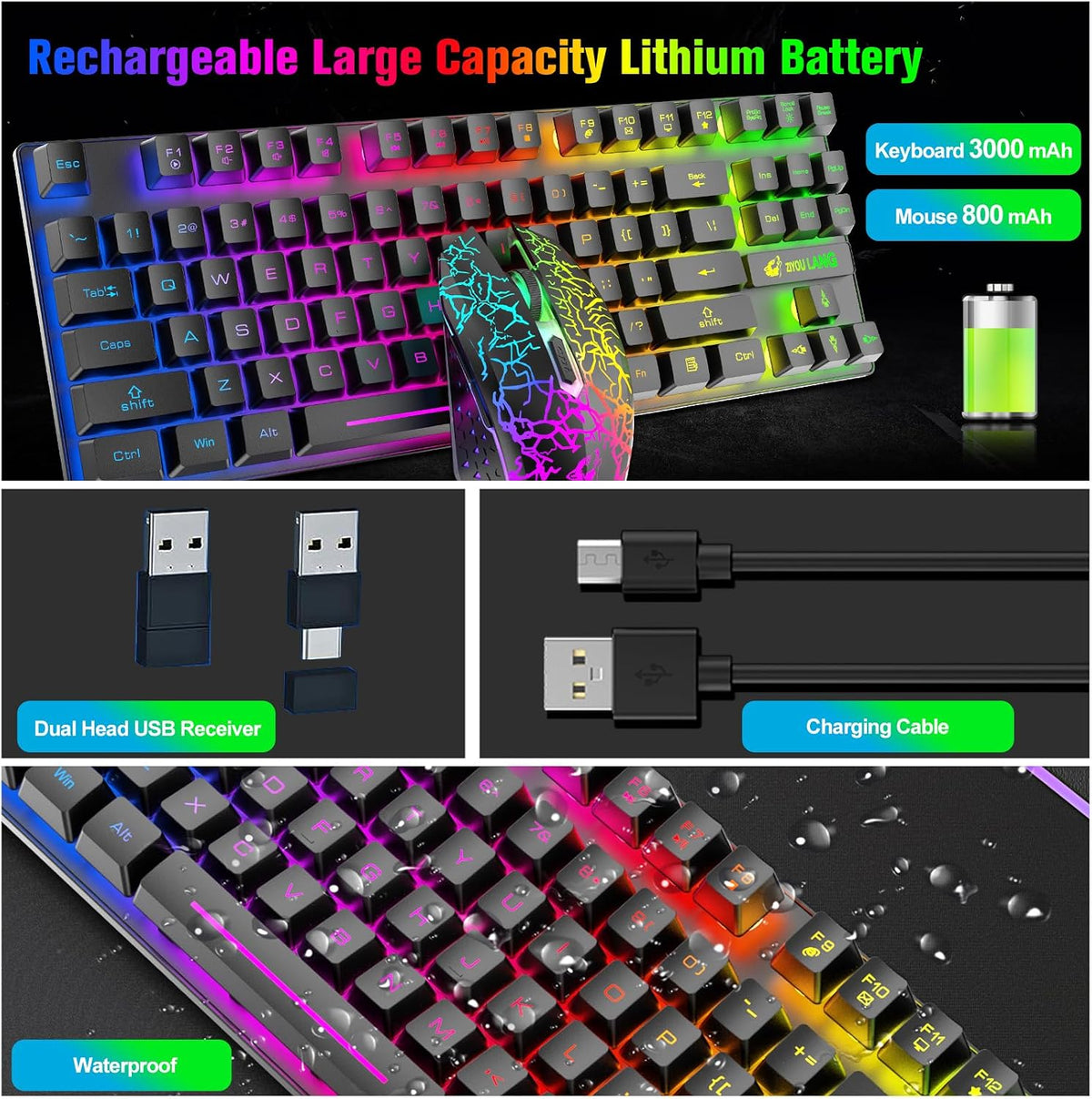 Wireless Membrane Gaming Keyboard and Mouse Set with 87Key Tenkeyless-Black