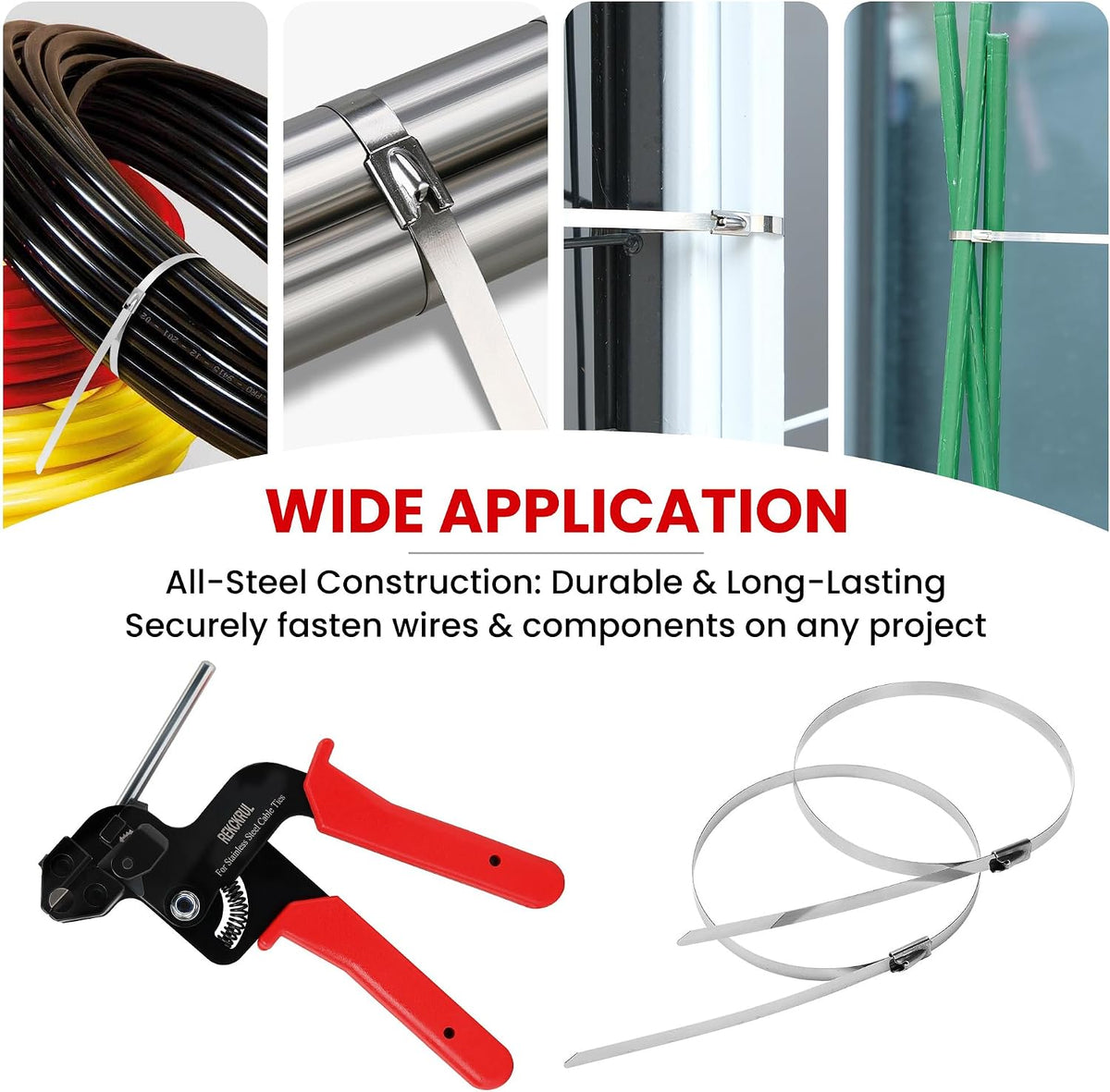 Stainless Steel Cable Tie Gun Set Metal Zip Tie Tool Kit (Red)
