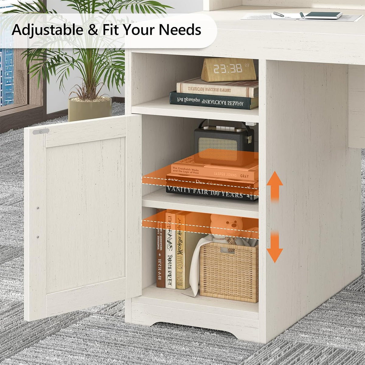 TVU 65" White Computer Desk with Drawers and Printer Stand for Home Office