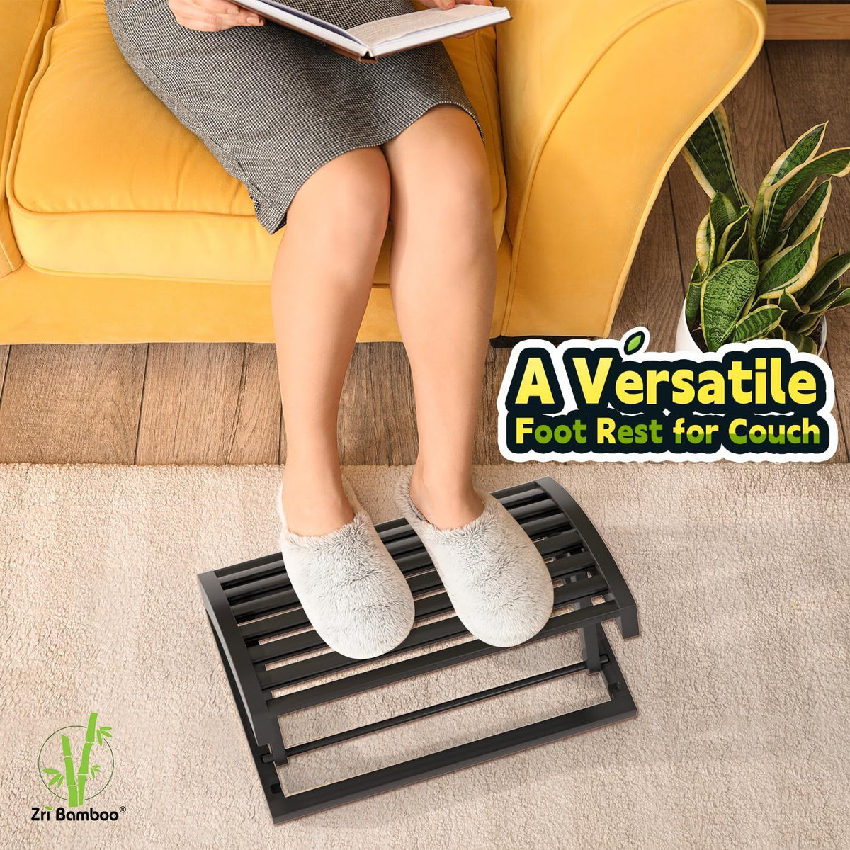 Foot Rest for Under Desk at Work - Adjustable Black Bamboo Footrest for Offic...