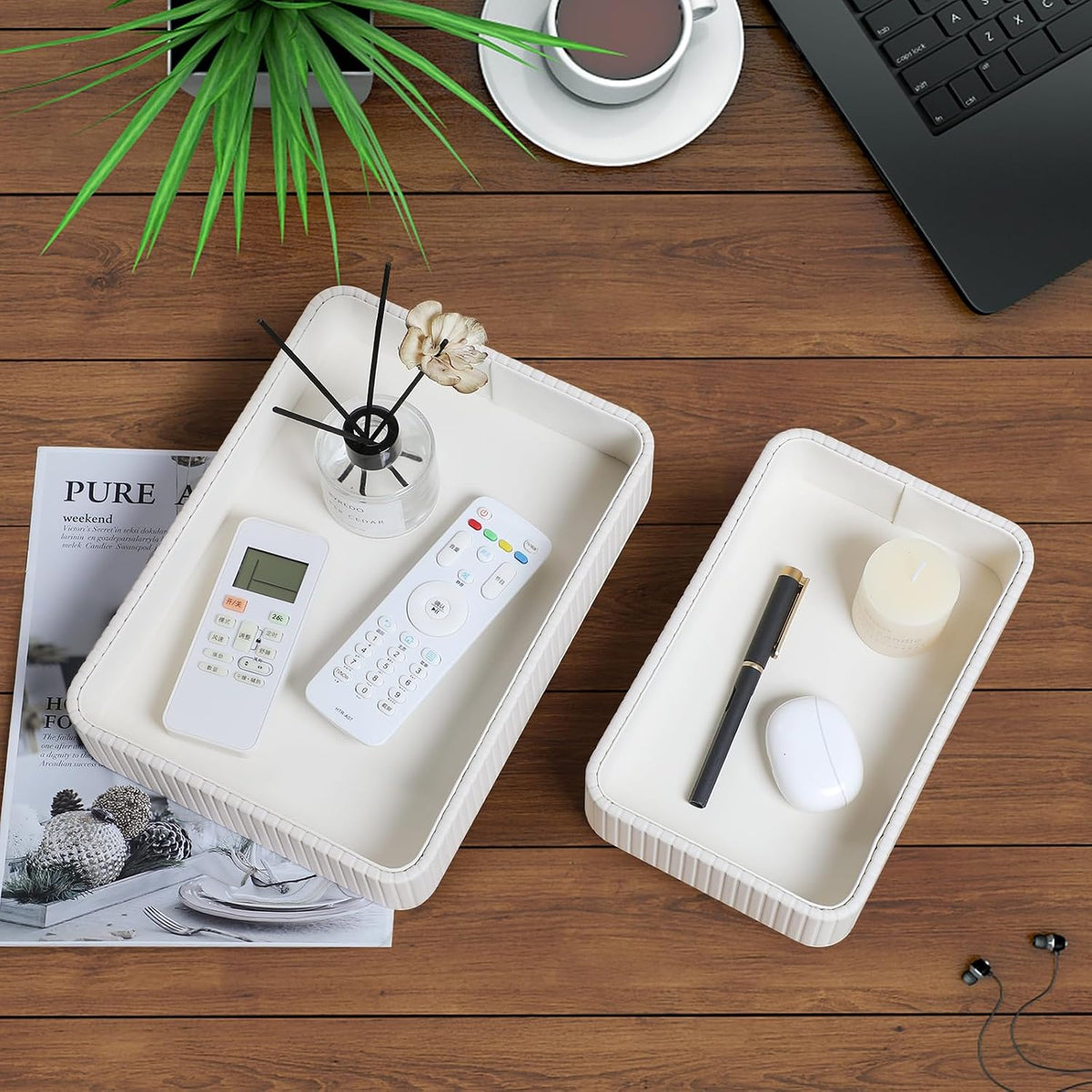 Desk Organizer Tray, PU Leather Nightstand Organizer, Ivory 2-Pack