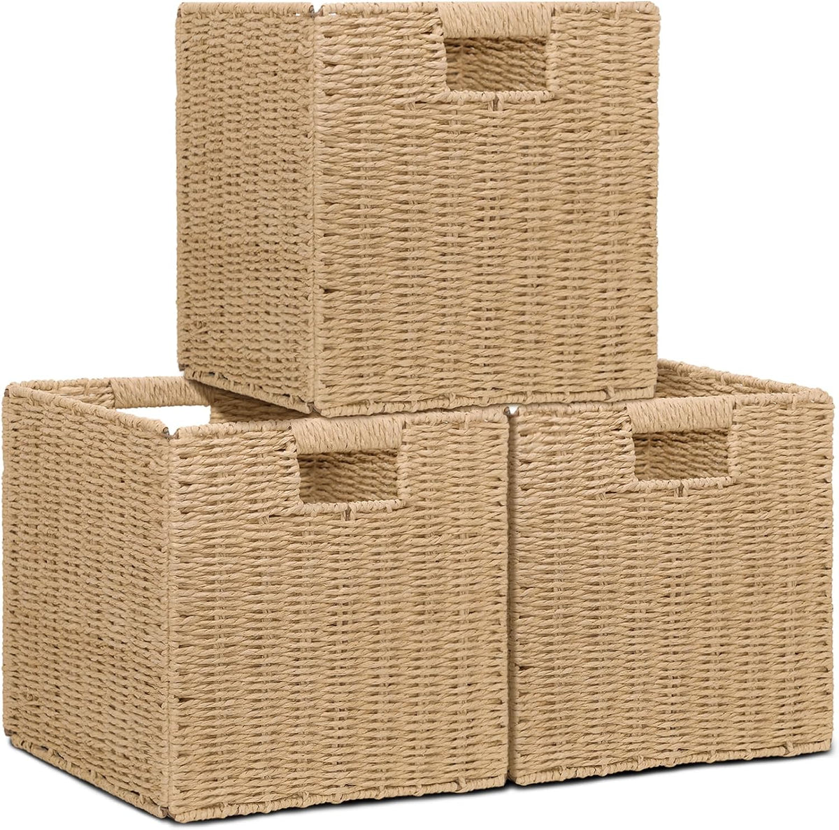 Wicker Storage Baskets for Organizing, 3 Pack Rustic Foldable Square Basket f...