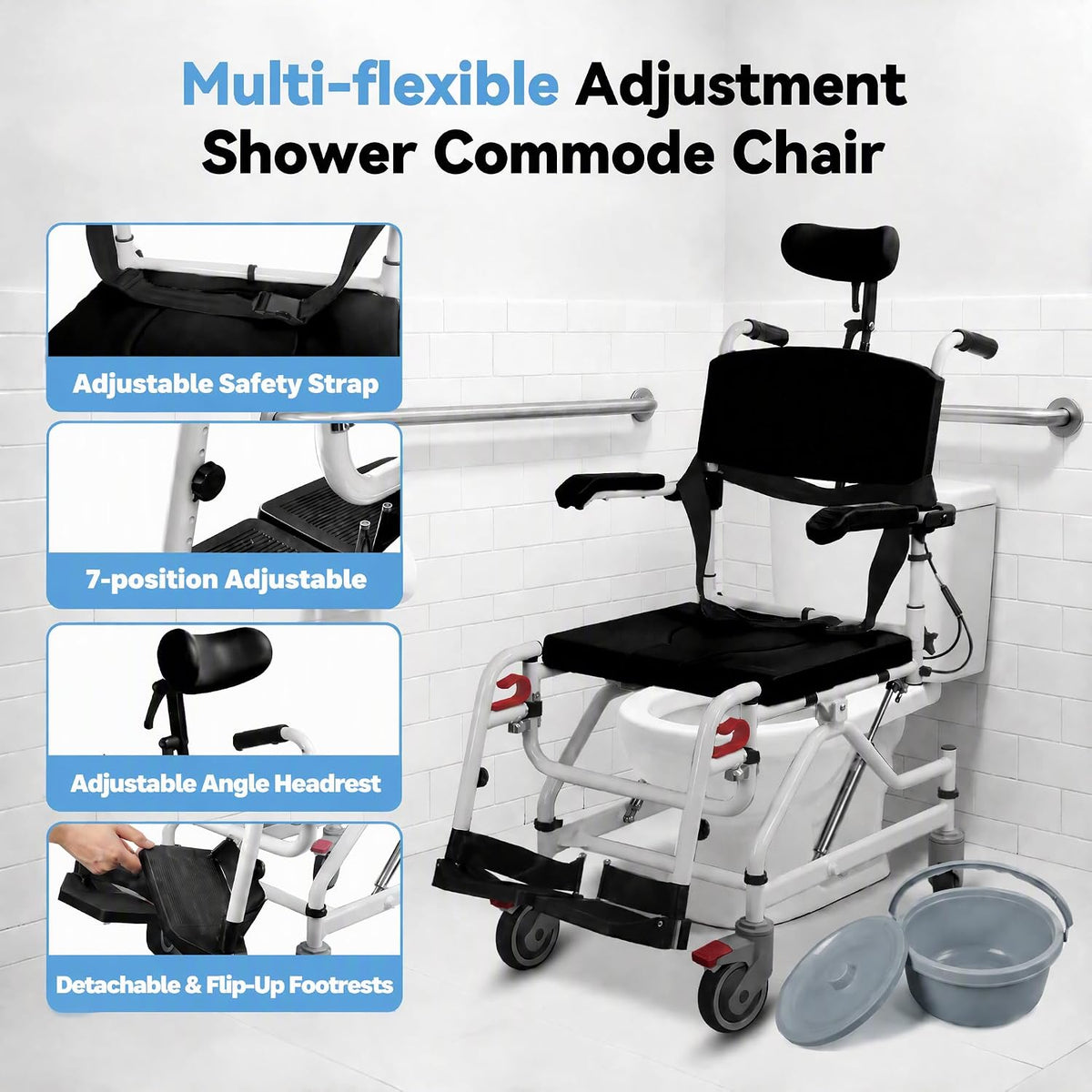 Reclining Rolling Shower Chair with Wheels, Shower Wheelchair for Elderly and...