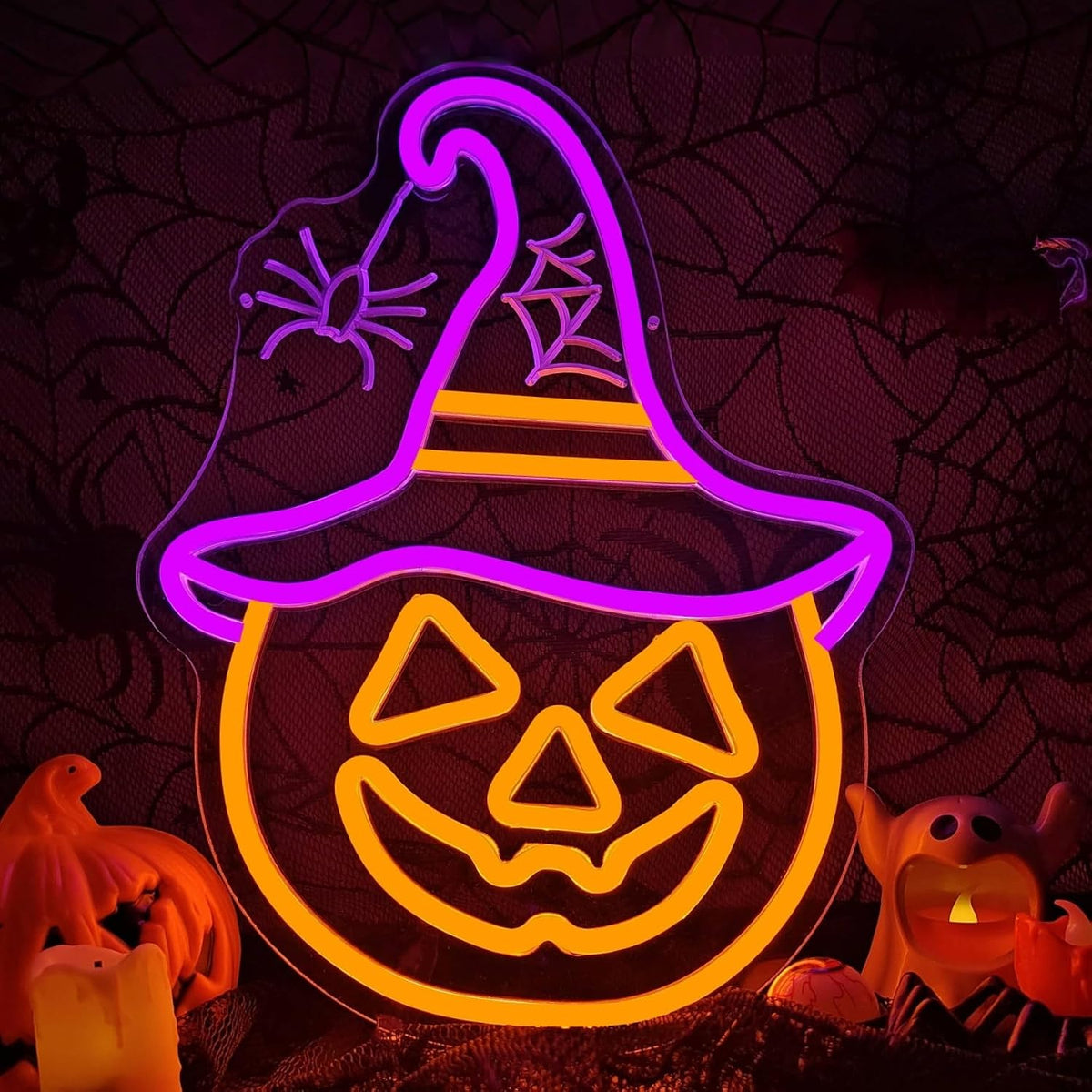 Halloween Neon Sign Pumpkin Neon Sign for Wall Decor Witch Hat Halloween Pump...