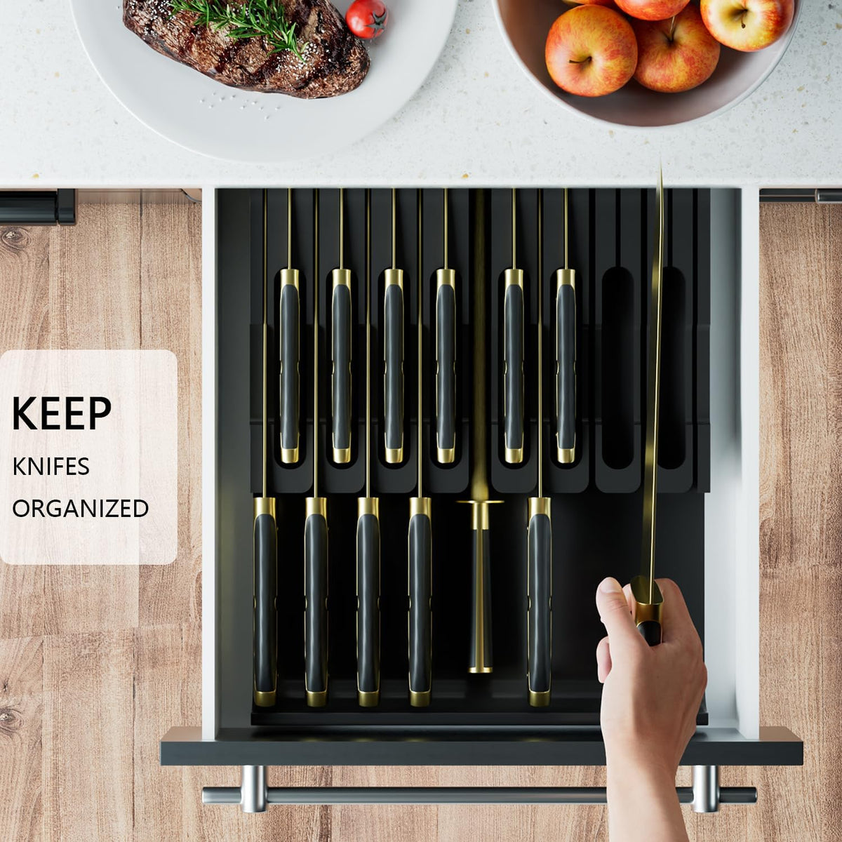Domax Bamboo In-drawer Knife Block - Kitchen Knife Drawer Organizer Insert, K...