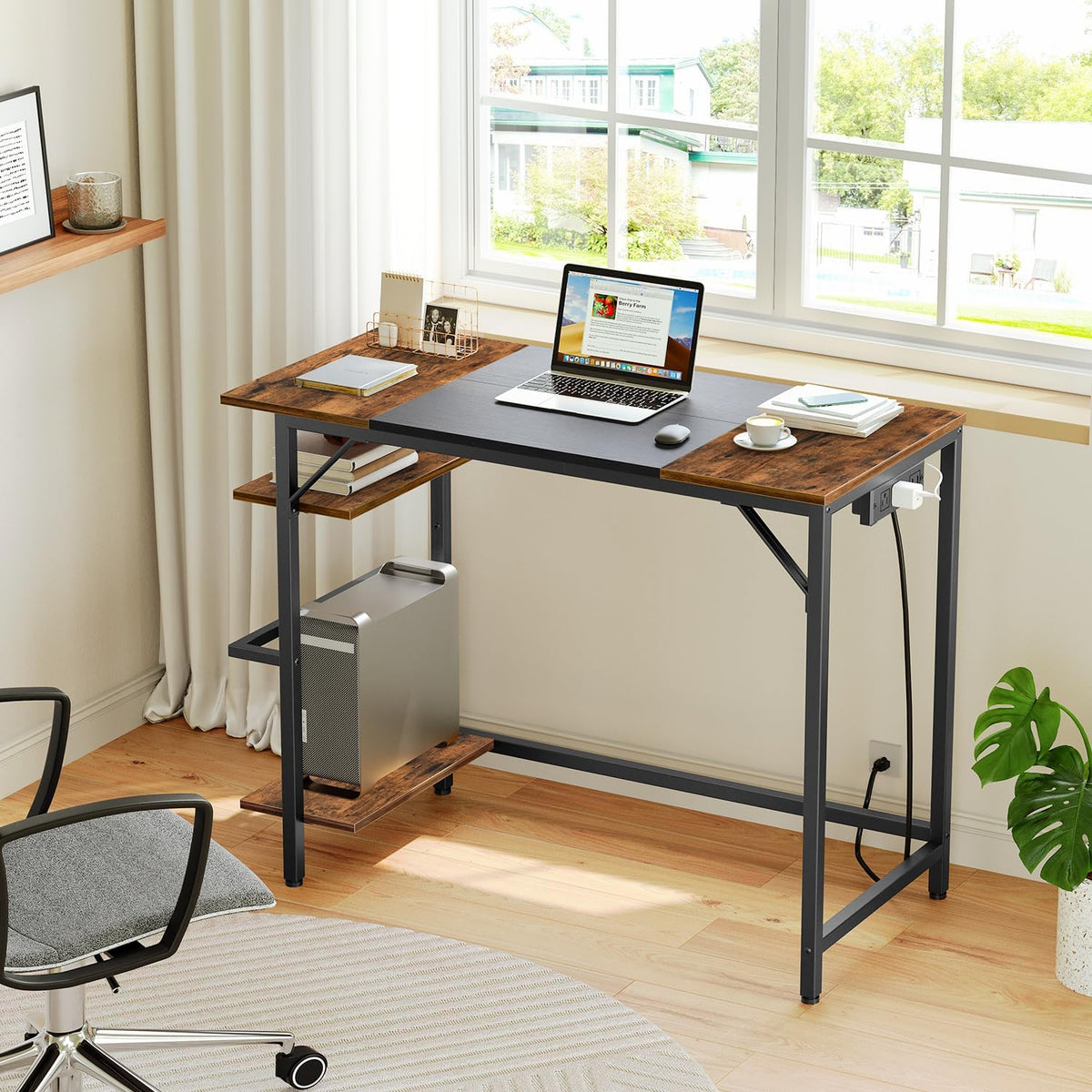 HOOBRO Small Computer Desk, 35.4 Inch Home Office Desk with Power Outlet, Wri...