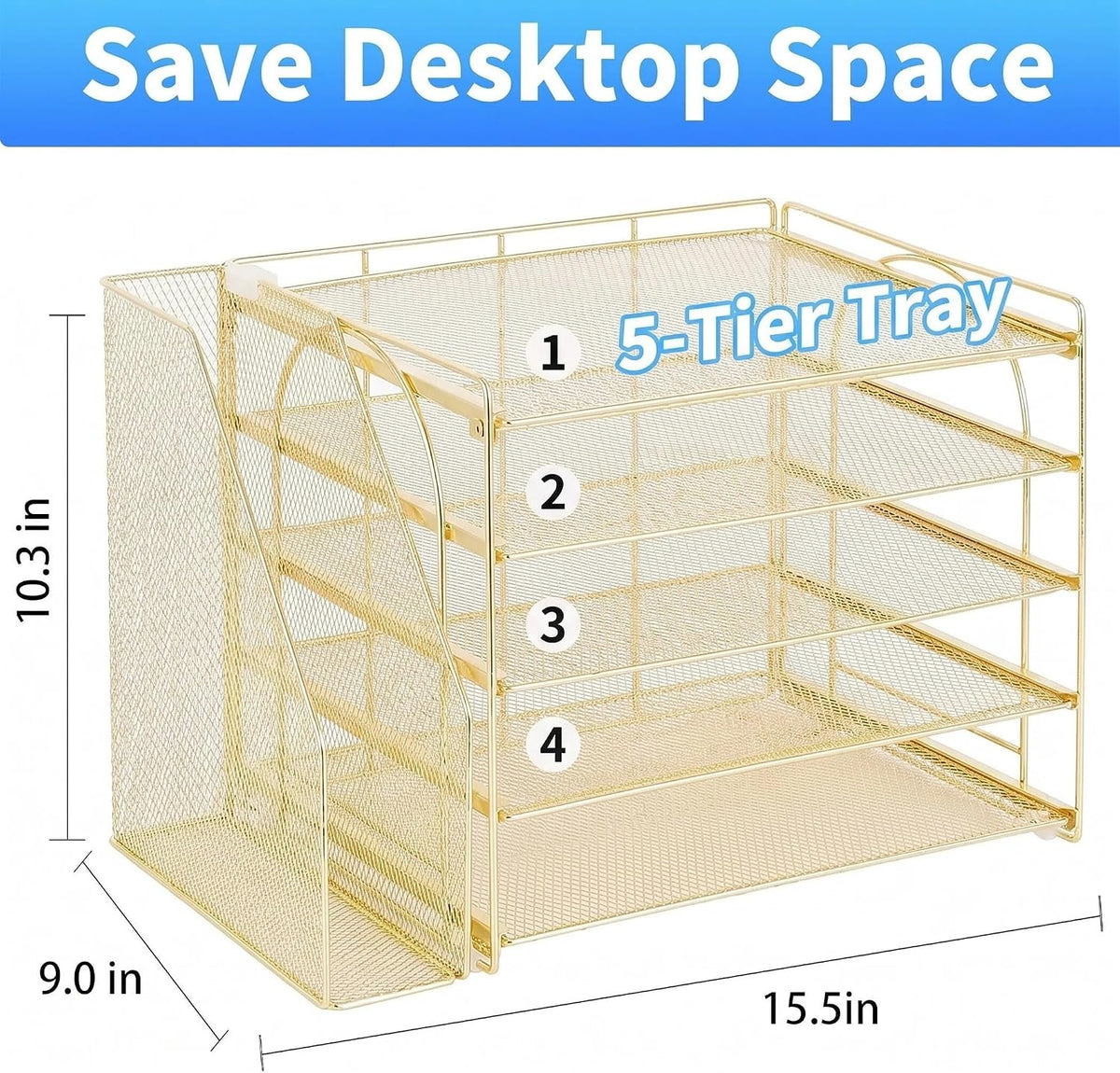 OPNICE Desk Organizer, 5-Tier Paper Organizer Letter Tray, Gold