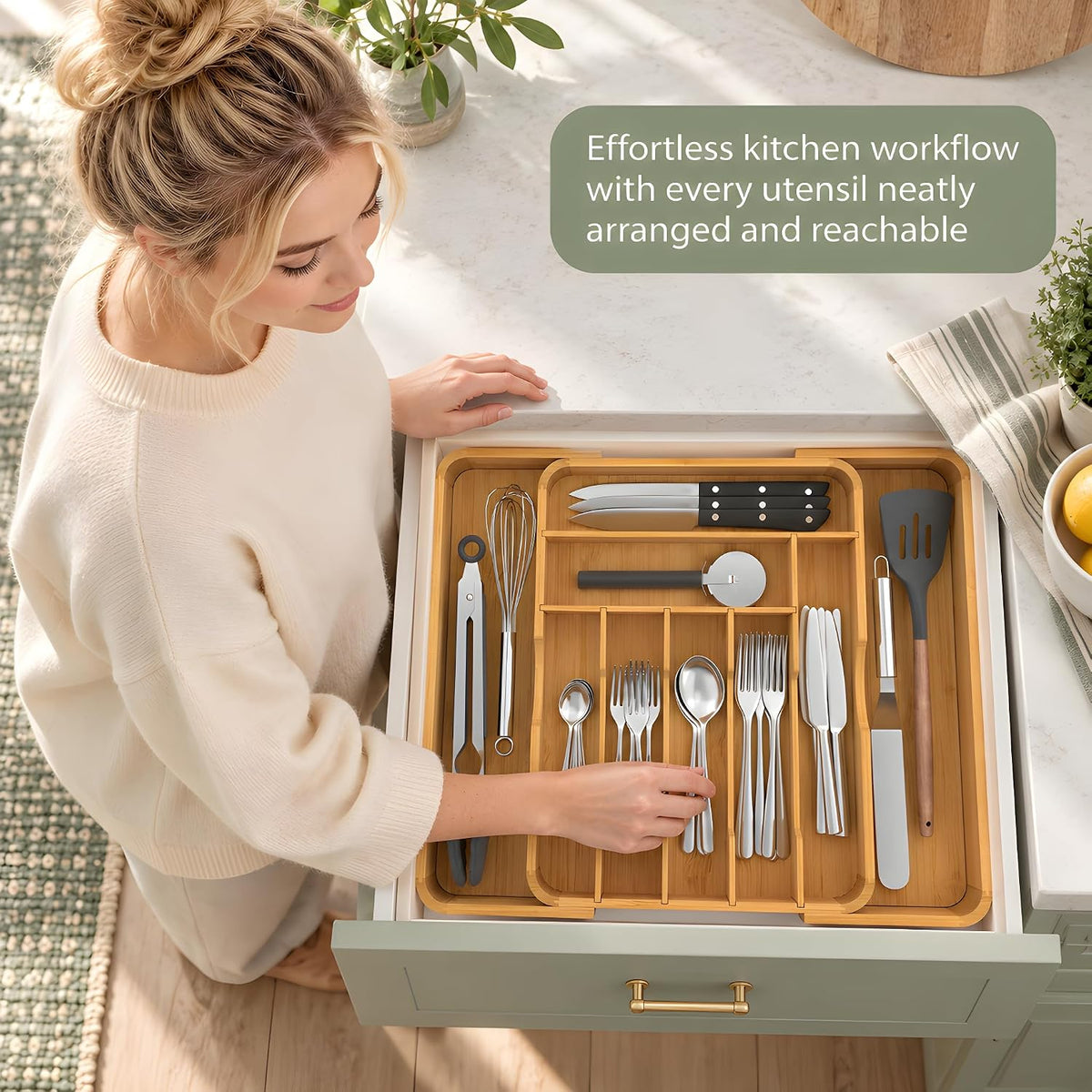 Suli Extra Large Silverware Drawer Organizer,Expand 12.6in to 19.7in,Bamboo