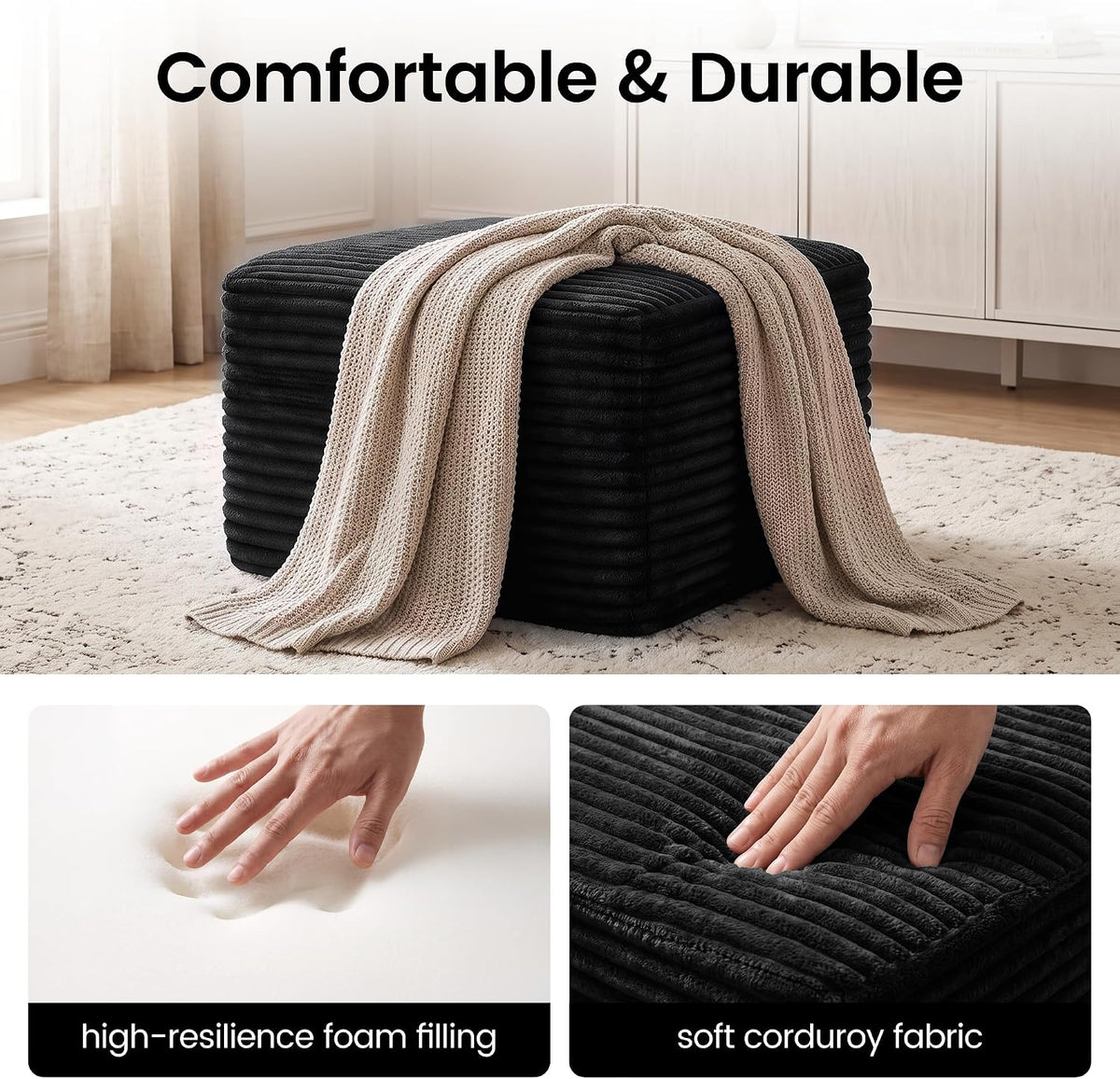 Boneless Ottoman, 27.6" Corduroy Ottoman Footrest for Boneless Couch, Black