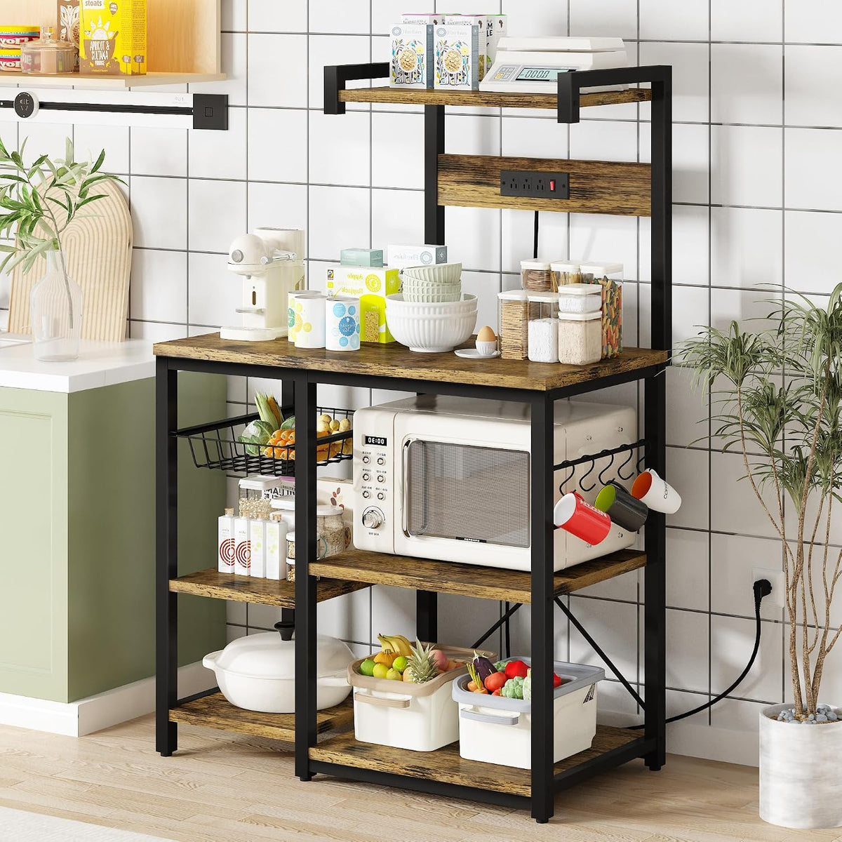 Recaceik Bakers Rack with Power Outlets and Storage, Microwave Stand with Sto...