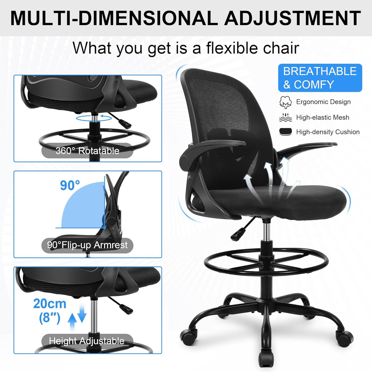 Primy Drafting Chair Tall Office Chair with Flip-up Armrests Executive Ergono...