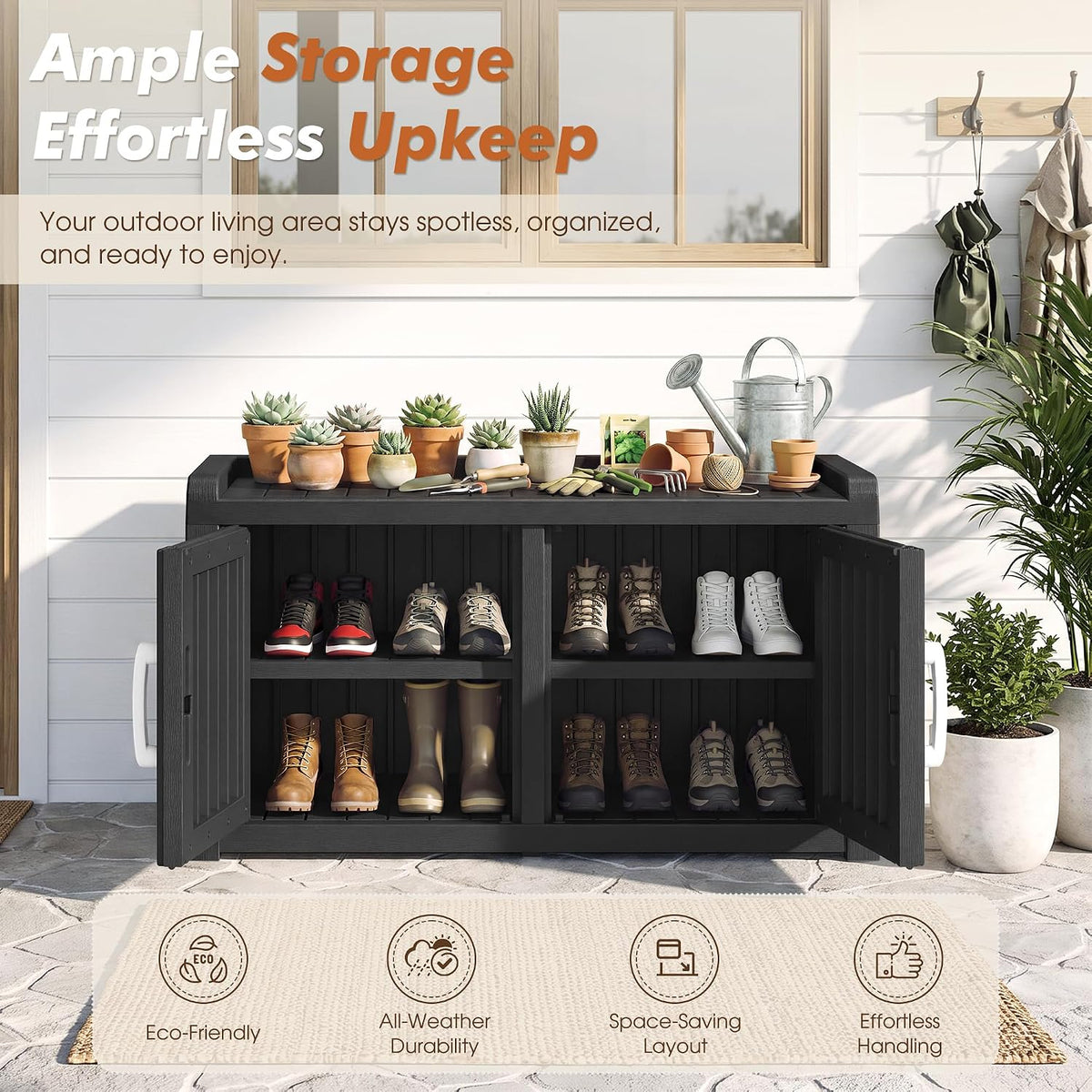 2-Tier Storage Bench, Waterproof UV-Resistant Outdoor Shoe Storage Cabinet wi...