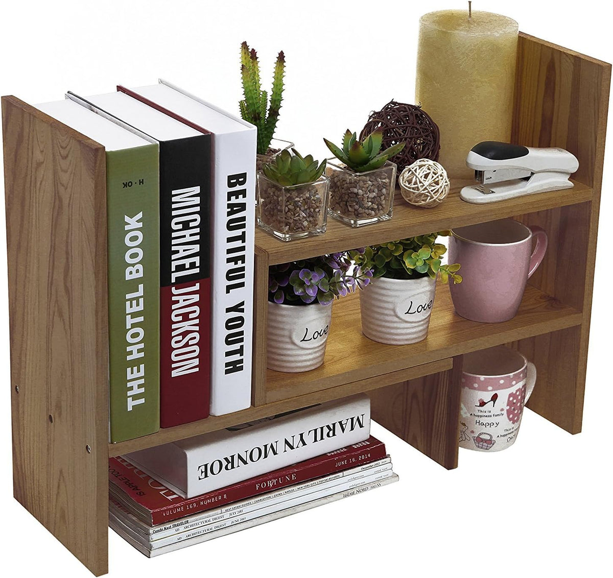 MyGift Adjustable Brown Solid Wood Desktop Storage Organizer Display Shelf Bo...