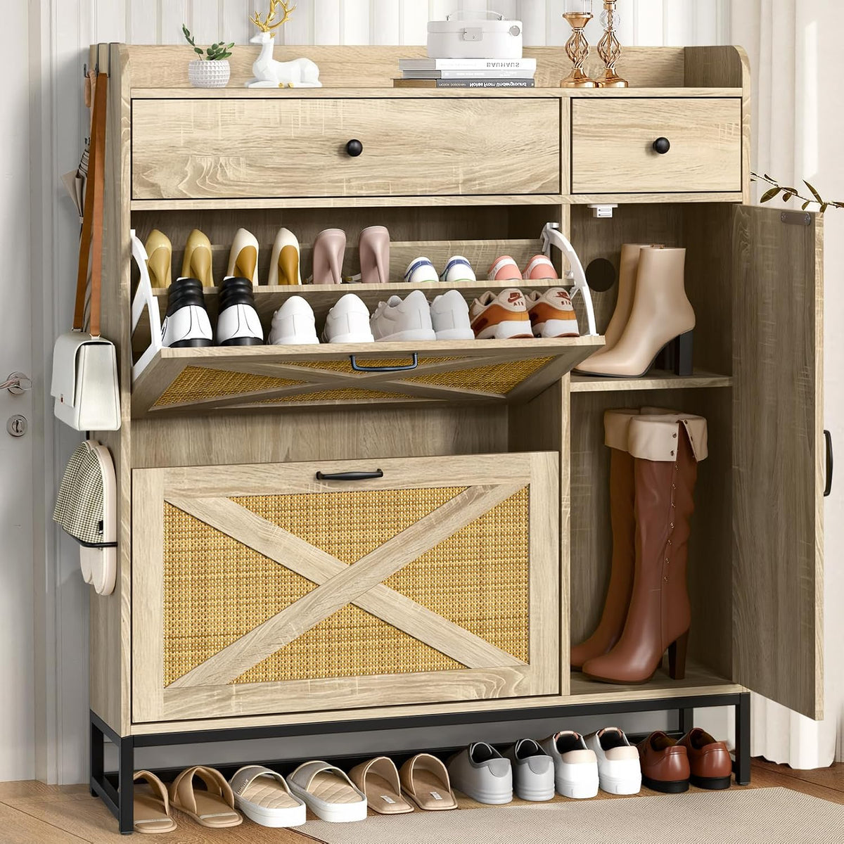 Holiwei Shoe Cabinet Rattan Woven with High Boot Storage, Large Capacity Mode...