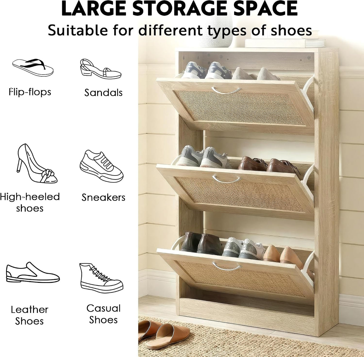 Rattan Shoe Storage Cabinet with 3 Flip Drawers