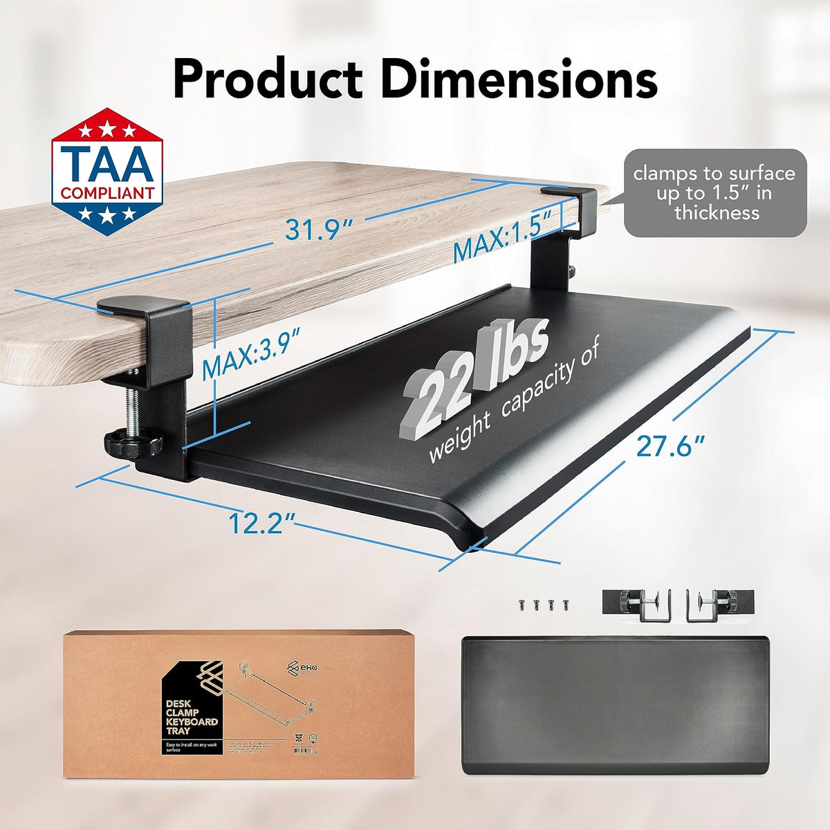 EHO Under Desk Keyboard Tray, Large 27.5" x 12.2" Slide-Out Clamp-O...