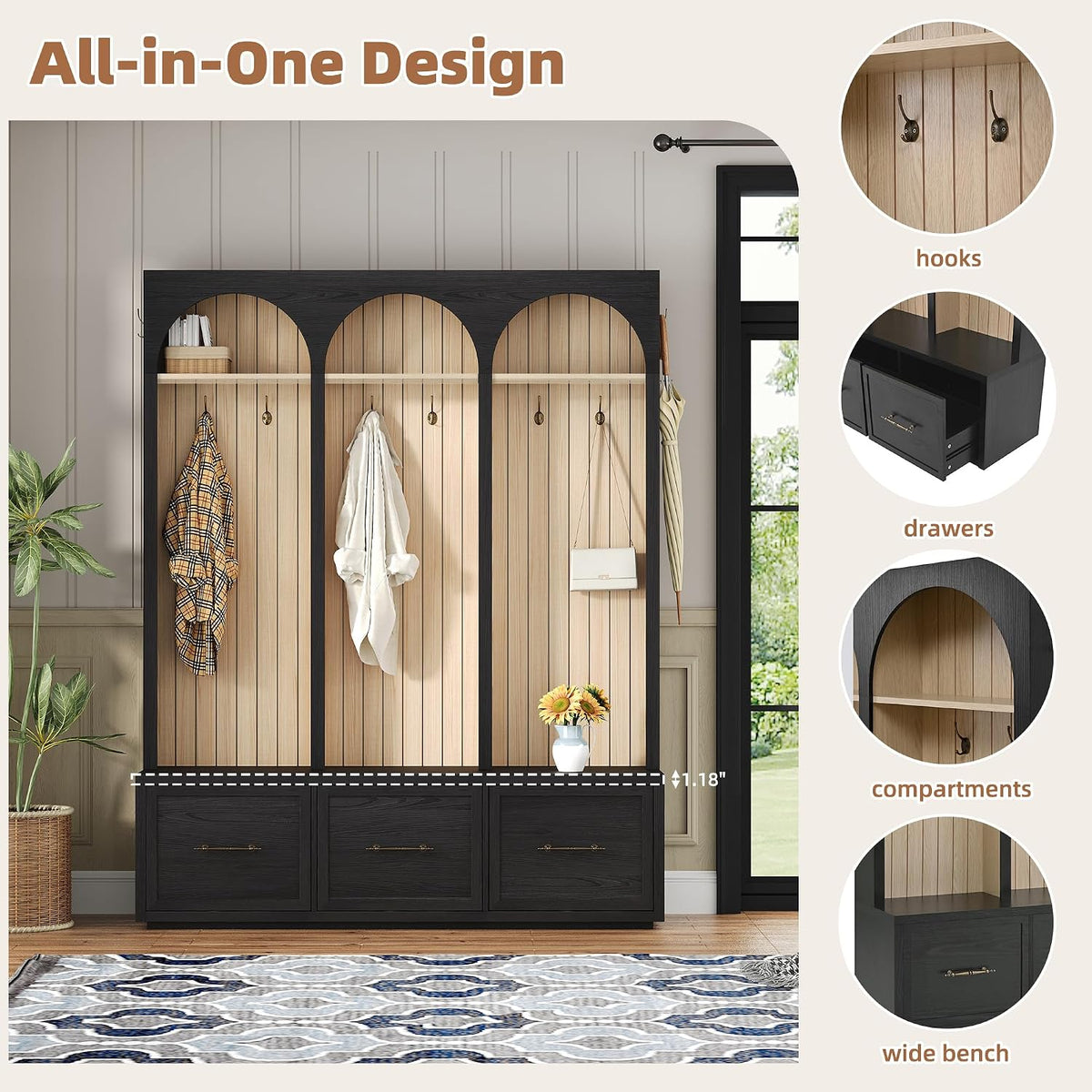 Merax Farmhouse Wood Hall Tree with 8 Hooks and Storage Shoe Bench, Arched Mu...