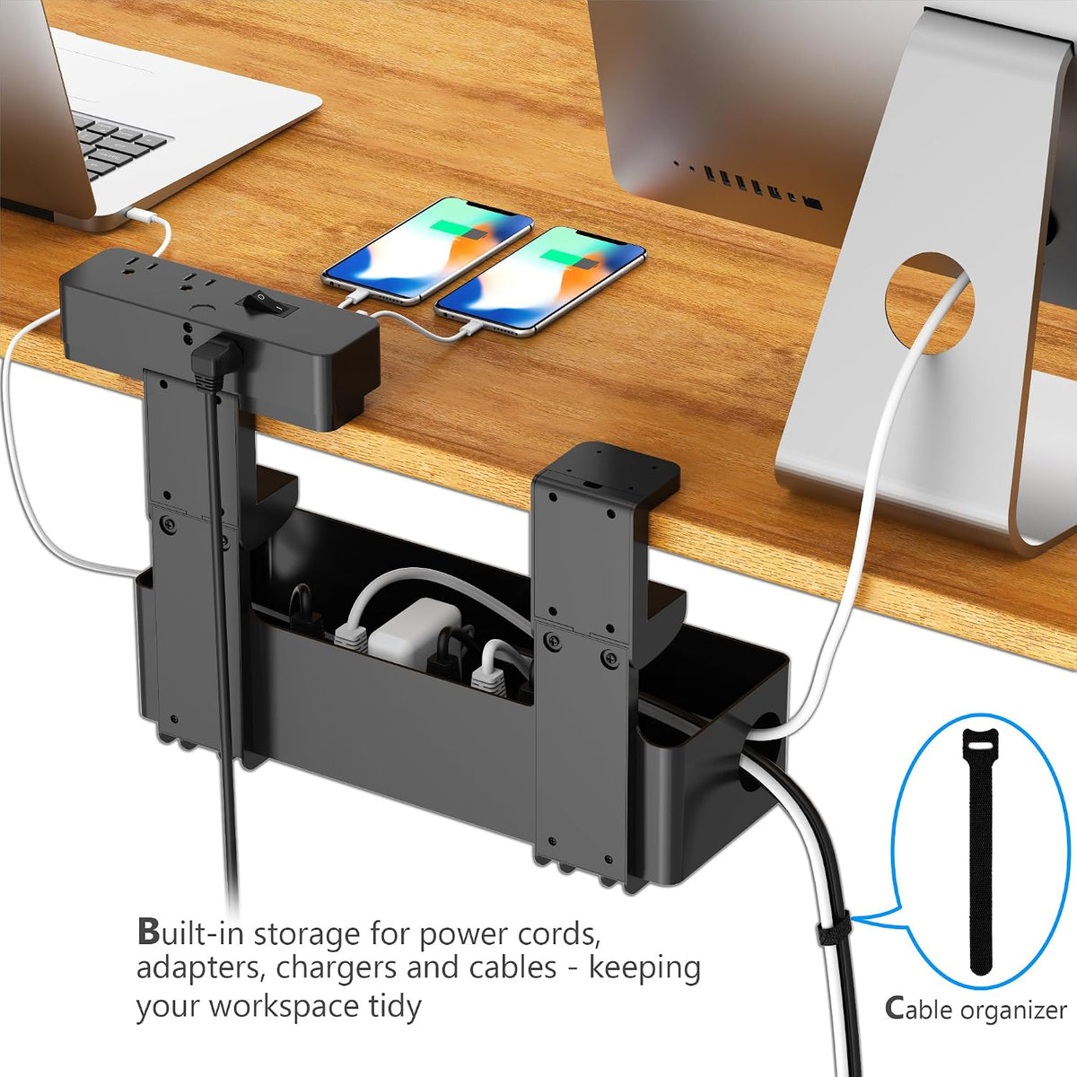 Hiree Under Desk Cable Management Tray with Power Strip, 8 AC Outlets, 2 USB ...