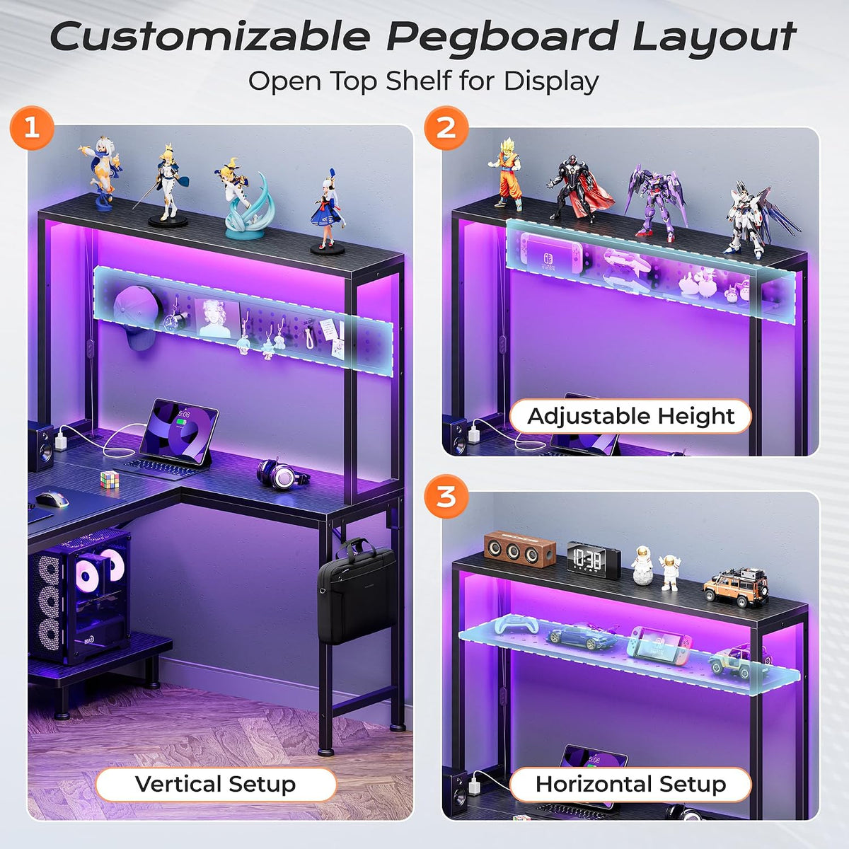 PRAISUN L Shaped Gaming Desk with LED Lights & Power Outlets
