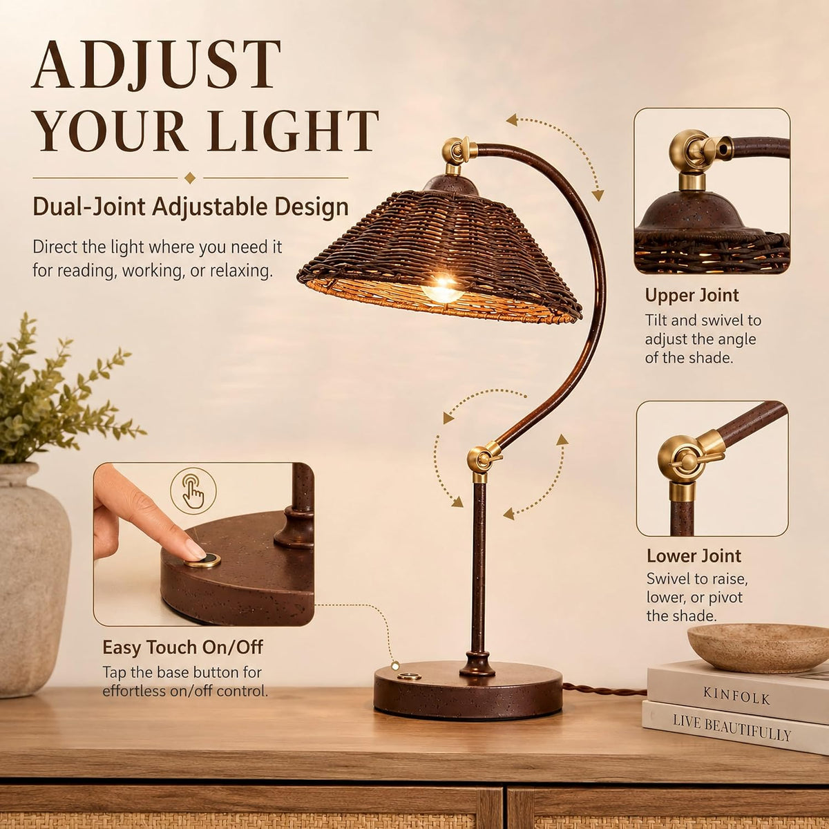 Touch Control Vintage Brown Rattan Table Lamp Set of 2 Adjustable Swing Arm