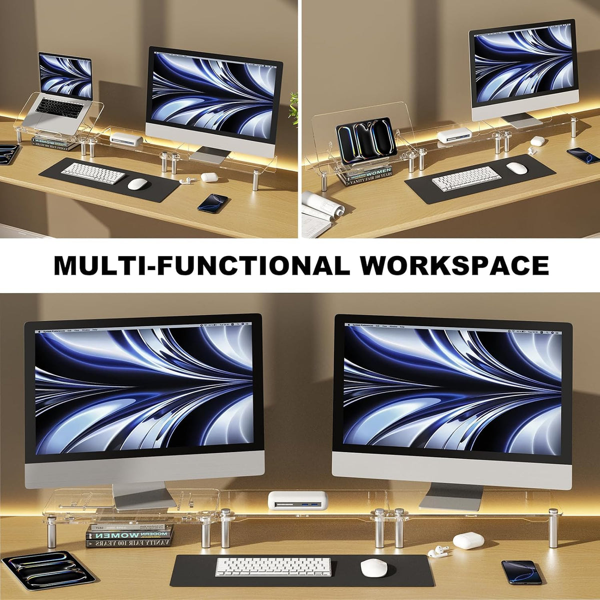 Clear Acrylic Dual Monitor Stand Riser,Laptop Riser Adjustable to 8 Angles
