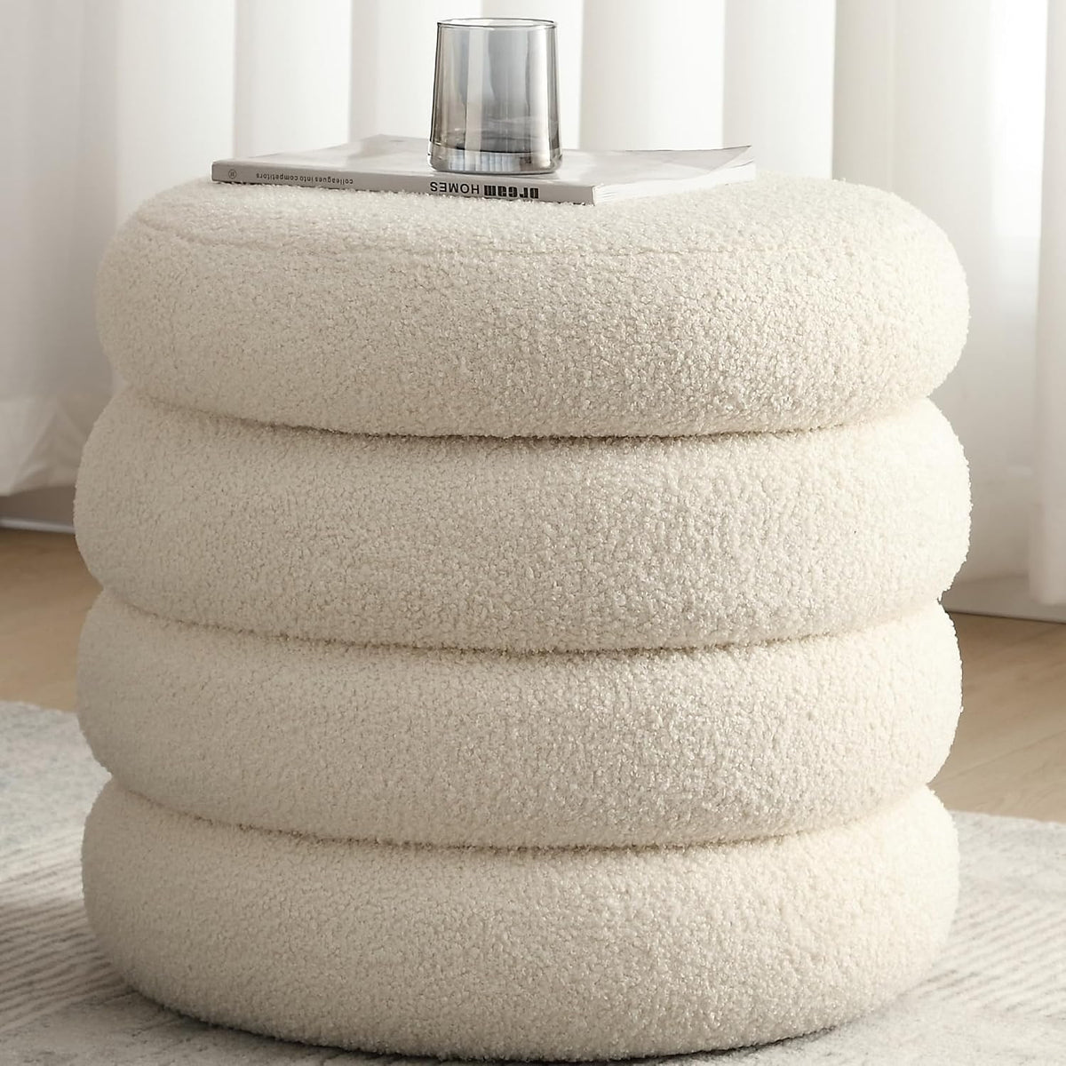 Boucle Ottoman with Storage, Small Round Footrest Stool for Living Room Bedro...