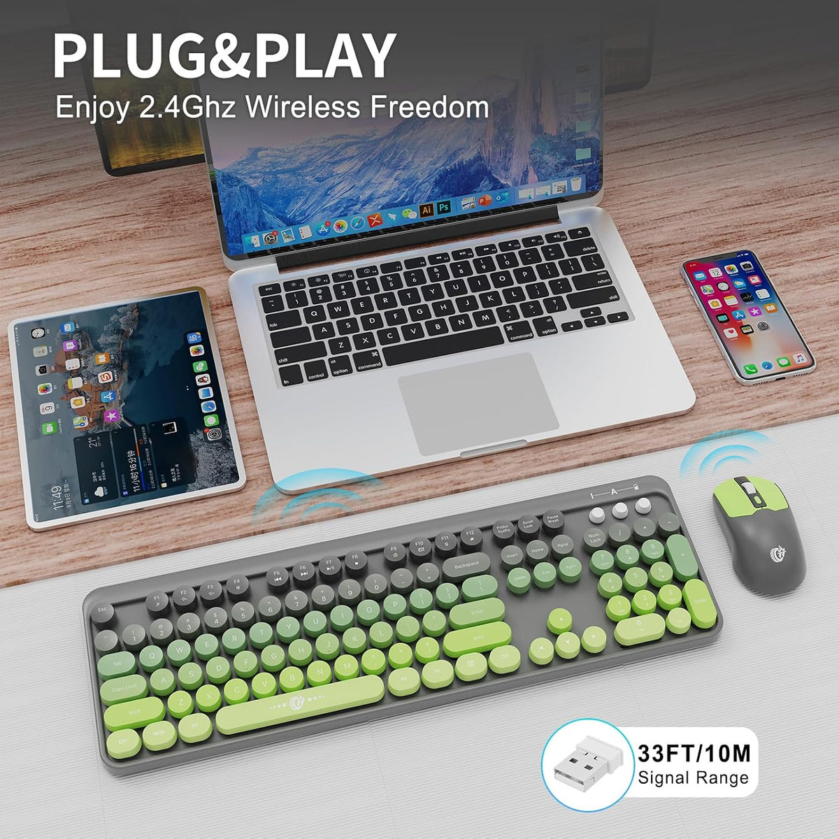 FOPETT Wireless Keyboard and Mouse Combo - 2.4G Full-Sized Cute Colorful Mous...