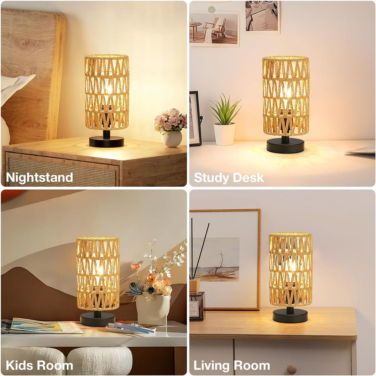 Table Lamps Set of 2 (Rattan Rope Shade - Black Base, 9" Inline Control)