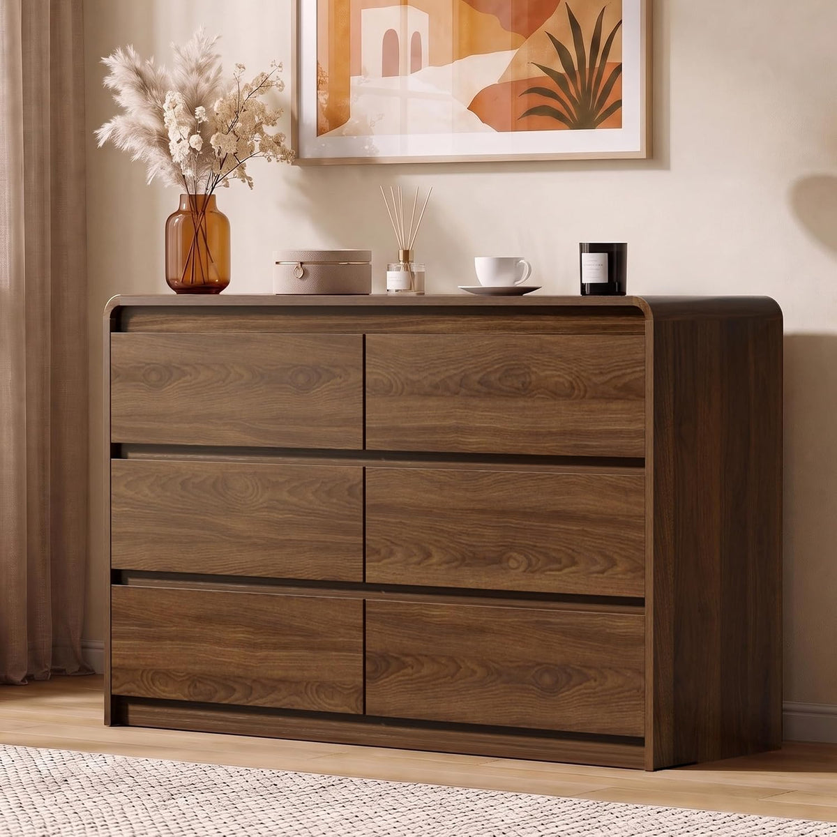 6 Drawer Dresser, 47" Wide Walnut Dresser Wooden Dresser for Bedroom