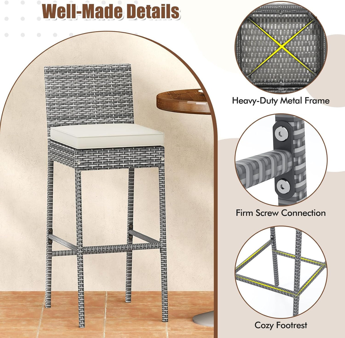 Tangkula Set of 2 Patio Wicker Barstools, Outdoor Bar Height Chair w/Soft Sea...