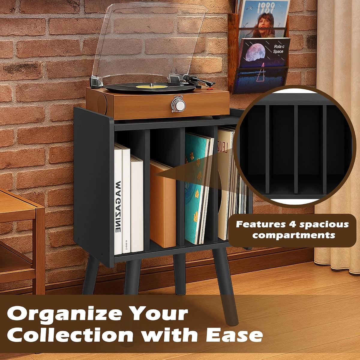 Record Player Stand, Vinyl Record Storage Table with 4 Cabinet, Mid Century M...