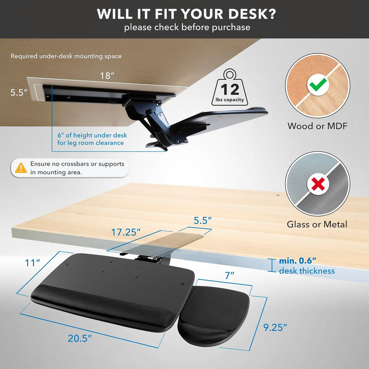 Mount-It! Under Desk Keyboard Tray with Wrist Rest, 15in Slide-Out, Black