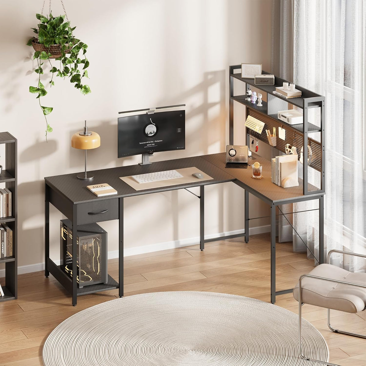 Apicizon L Shaped Gaming Desk 53" with Hutch, LED Light and Drawer