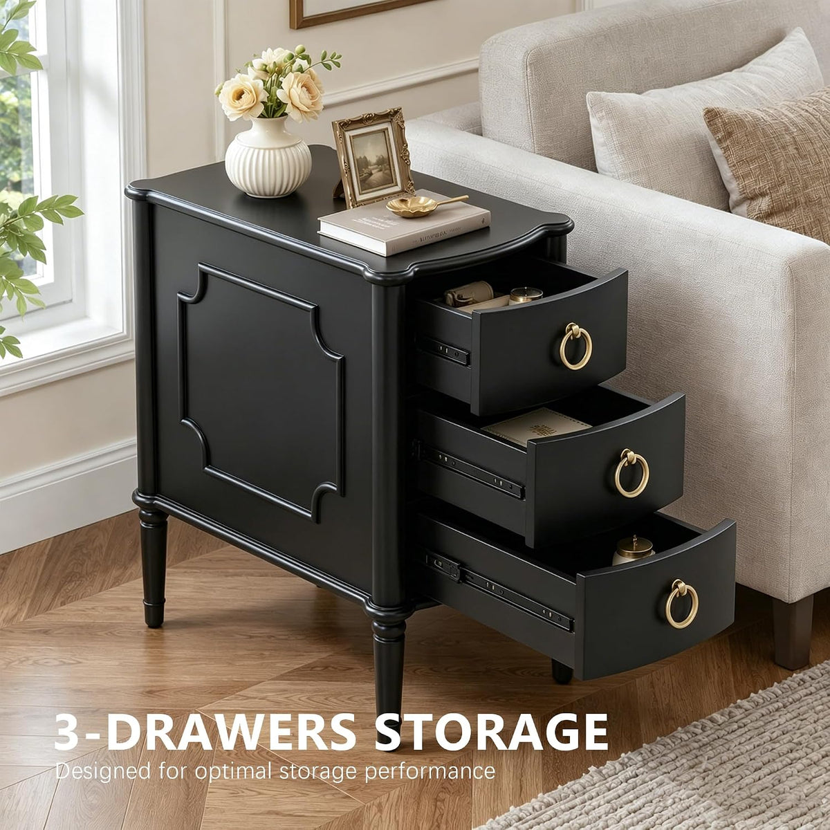 Mid-Century Narrow Nightstand, Wood Bedside Table, Black
