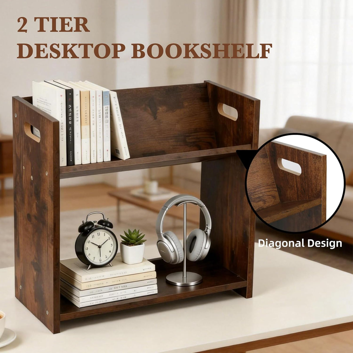 Desktop Bookshelf, 2 Tier Desk Shelf Organizer, Wood Office Tabletop Bookcase...