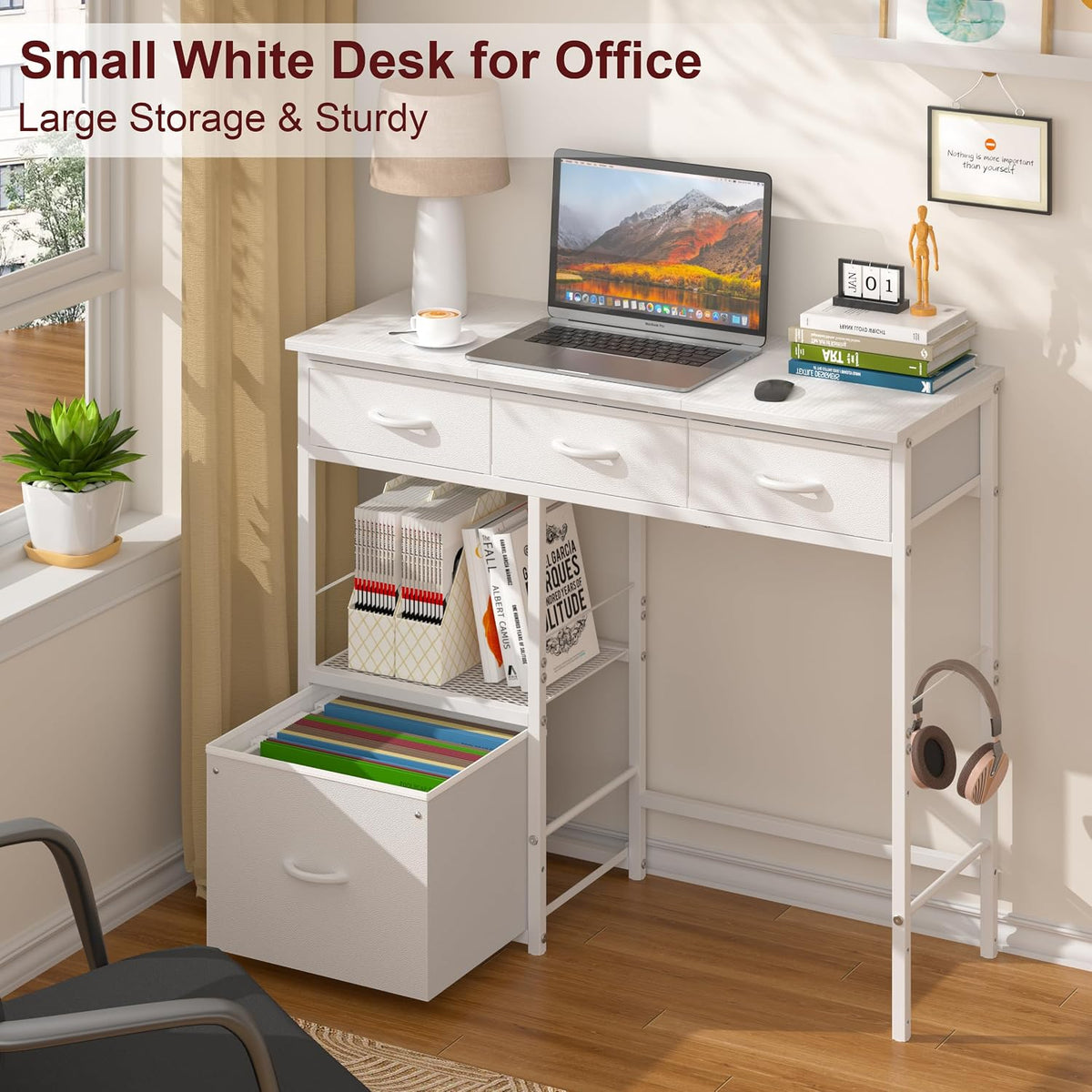 White Desk with File Drawers Cabinet, Small Writing Desk with Storage Shelf
