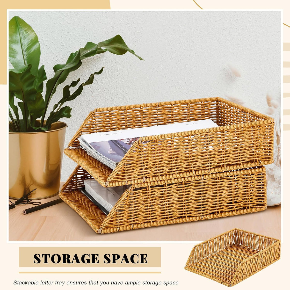 Yeaqee 2 Pcs Paper Tray Organizer for Desk Woven Letter A4 File Organizer