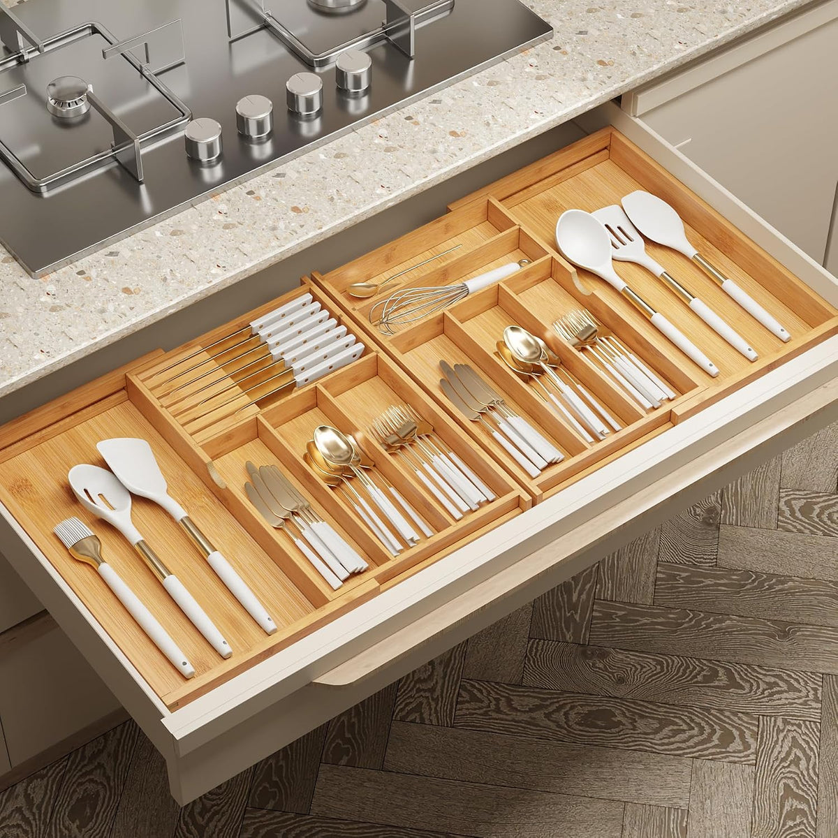 BAMEOS Expandable Silverware Drawer Organizer with Removable Knife Blocks, Ba...