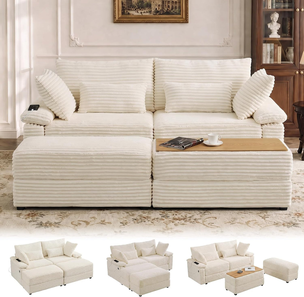 75" Corduroy Loveseat Sofa with Storage Ottoman,USB Charging,Beige