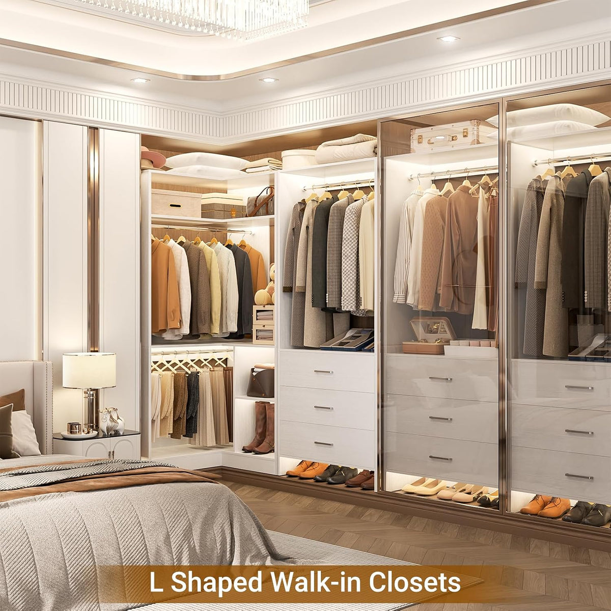 Aheaplus Closet System with 3 Drawers, L-Shaped Closet, Set of 2, White