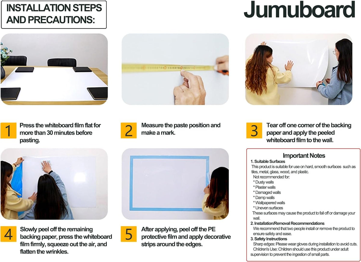 JUMUBOARD Self-Adhesive Magnetic Dry Erase Whiteboard Sticker, 32" x 16&...