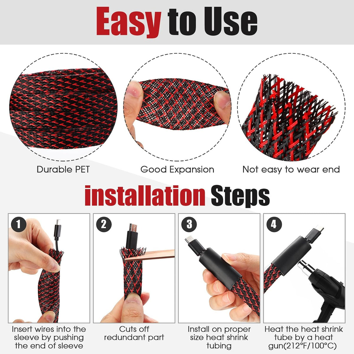 Tatuo 151 ft Braided Cable Sleeve Expandable Wire Sheathing(Red, Black)