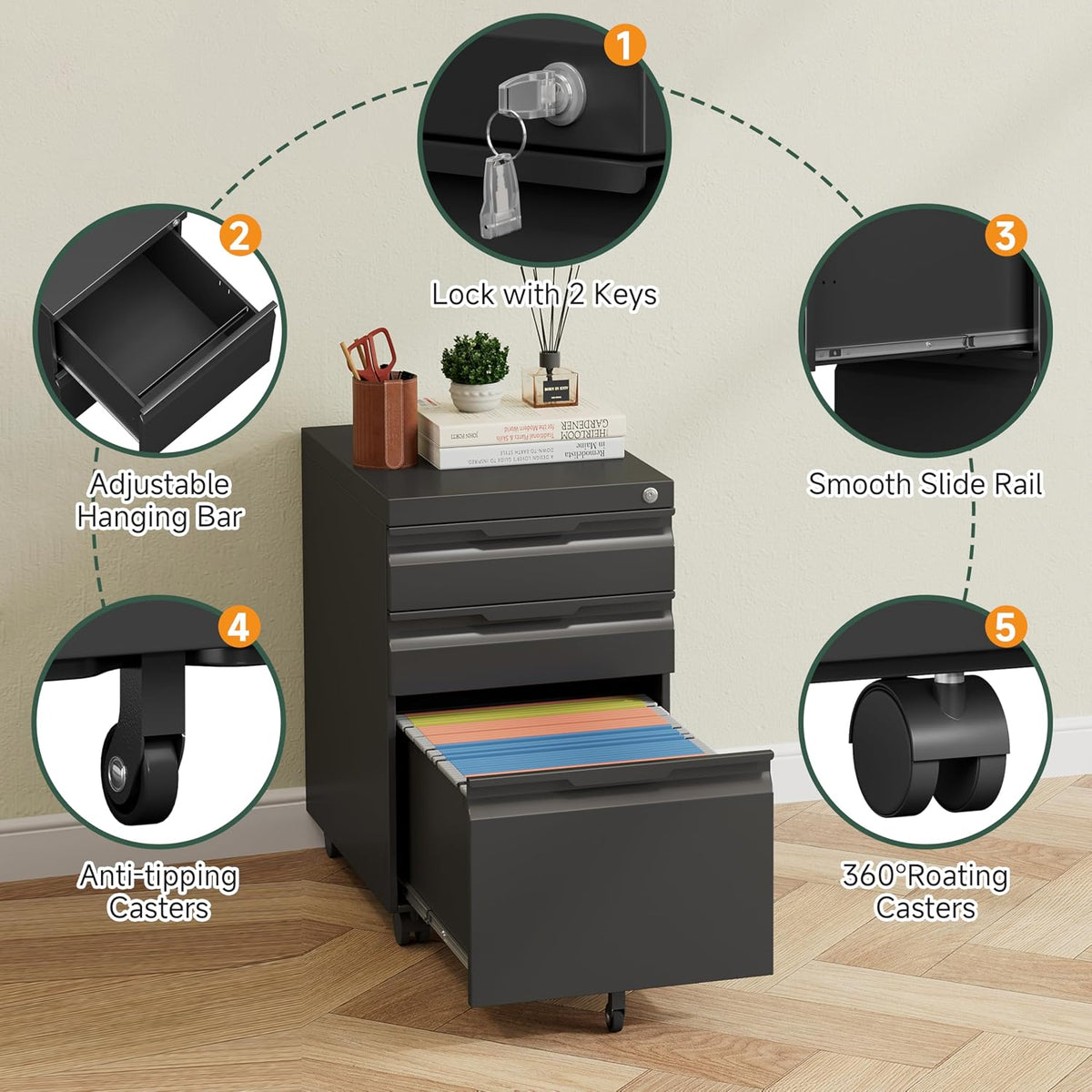 Mobile File Cabinet with Lock,3 Drawer Under Desk Metal Rolling Filing Cabine...