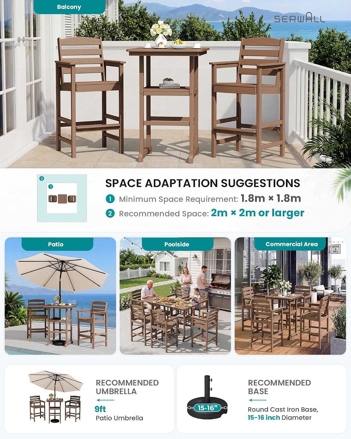 SERWALL 3 Pcs HDPE Bar Height Chairs and Double Layer Pub Table Set, Brown
